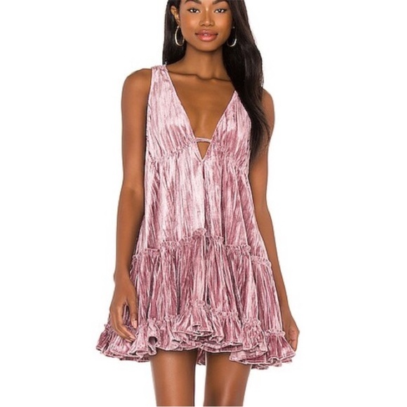 Free People Pink Velvet pleated plush Ruffle Mini Dress XS - Picture 2 of 15